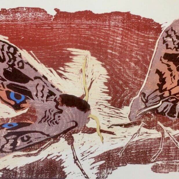 JULIA MANNING 'MY GARDEN MOTH EYED HAWKMOTH' UNFRAMED 45 X 30 WOOD LINO CUTS £250