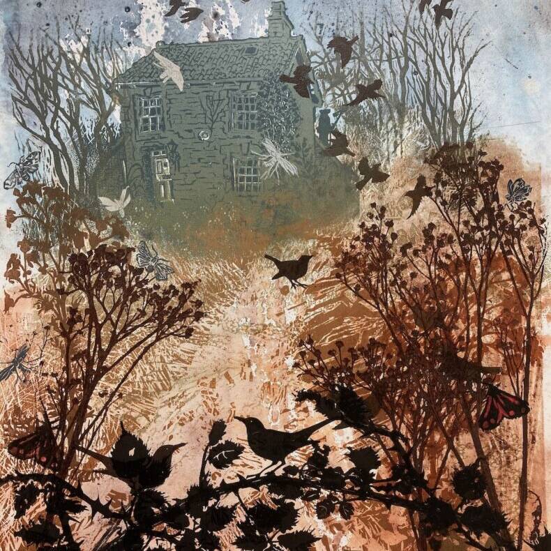 JULIA MANNING 'NEXT DOOR' 60 X 85 RELIEF PRINT WOOD LINO STENCILS FRAMED £795 UNFRAMED £650