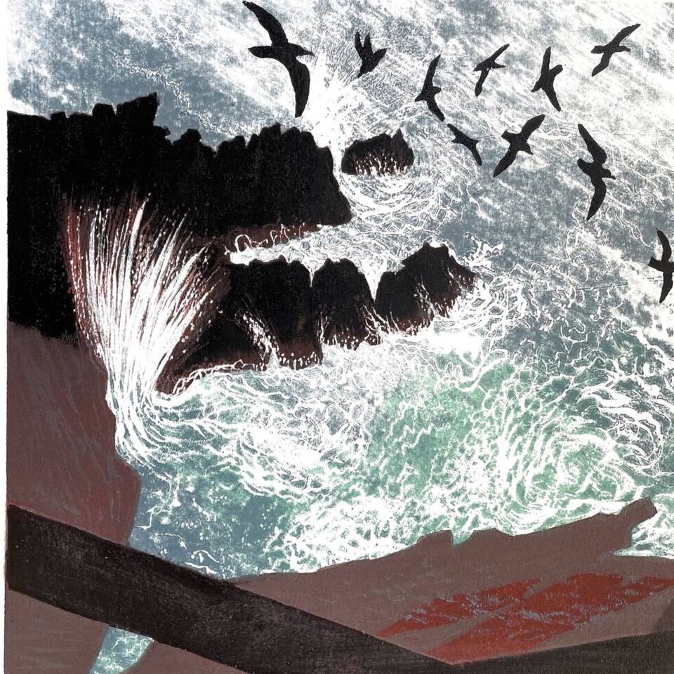 JULIA MANNING 'SHEAR WATERS' 30 X 30 WOOD AND LINO CUTS FRAMED £395 UNFRAMED £295