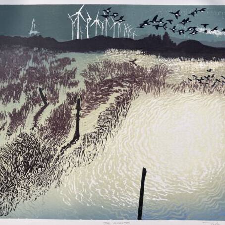 JULIA MANNING 'THE MARSHES' 60 X 45 WOOD AND LINO CUTS  FRAMED £780 UNFRAMED £640