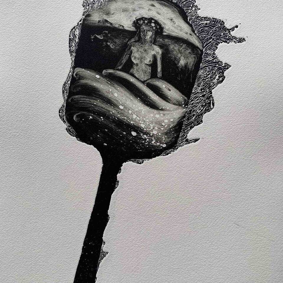 Queen of the wrack monotype and relief etching
