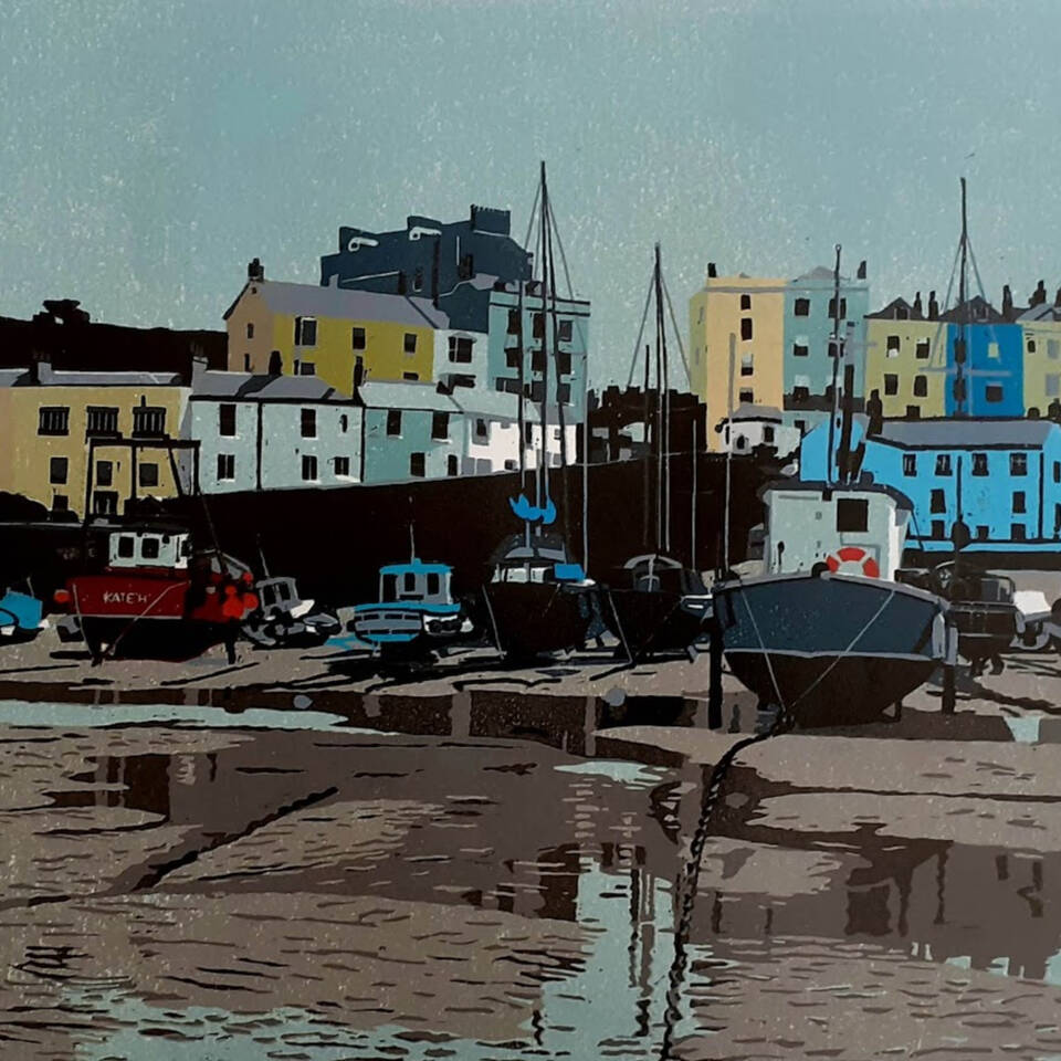 ANN LEWIS VPRCA LATER SUMMER TENBY HARBOUR 718 X 590 REDUCTION LINOCUT 400 AP ONLY ARTISTS PROFF FROM THIS SOLD OUT EDITION