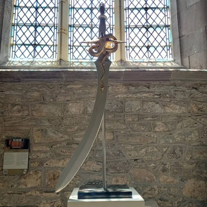 BARRY DAVIES RCA 'PERSEUS SWORD' JESMONITE ON GRANITE BASE122 X47 CM £1,200 (available to be cast in bronze price on application )
