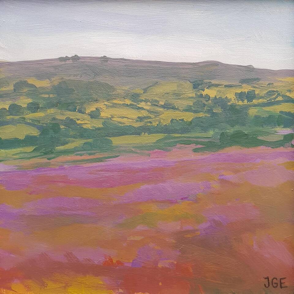 JAMES ECCLESTON ARCA 'HEATHER AND THE STIPERSTONES' 15 X 15 OIL ON PANEL £295