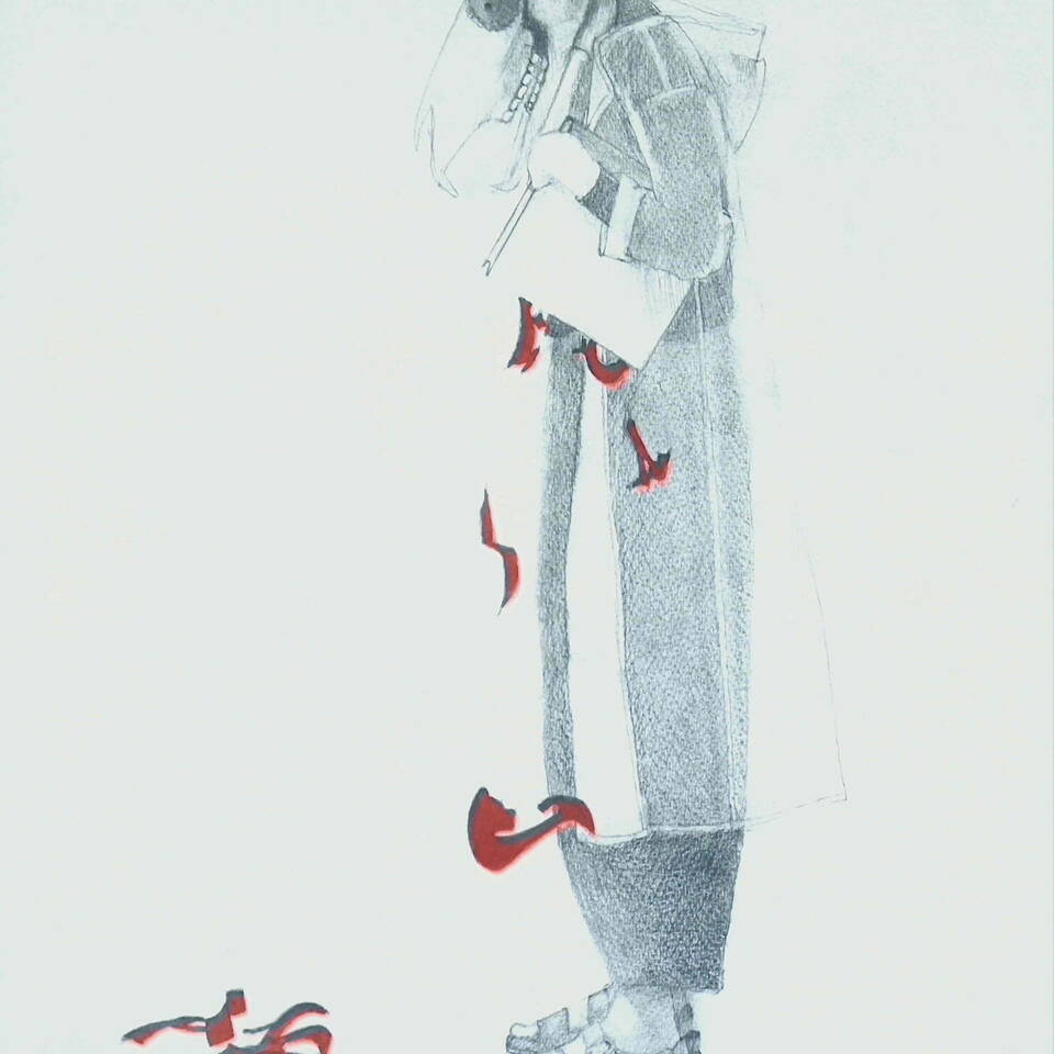 ALLISON NEAL 'THE MARI LWYD HOLDS THE BOOK UPSIDE DOWN' GRAPHITE WATERCOLOUR ON PAPER 53x73CM  £350