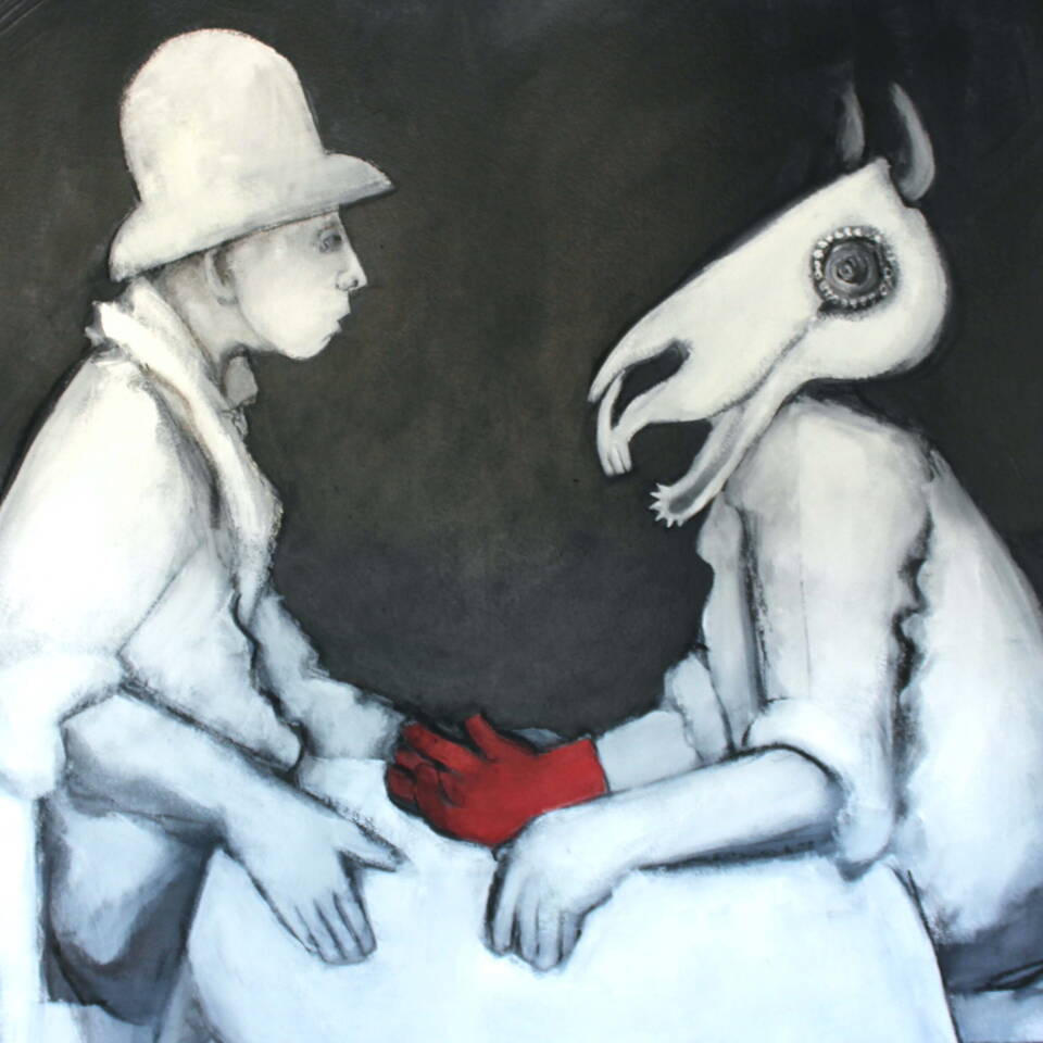 ALLISON NEAL 'THE MARI LWYD SUPRISES THE CARD PLAYER' CHARCOAL ACRYLIC ON PAPER  100x100 £750