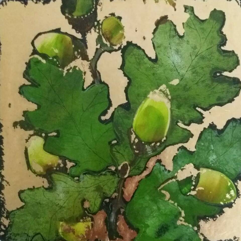 Acorns no 1 Original print with gold leaf 29 x 29cm Ann Bridges 195