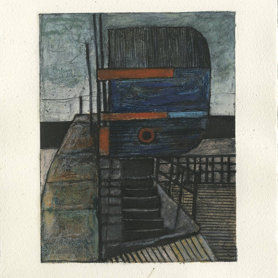 PAUL CROFT RCA 'HARBOURSIDE FISHERY' ANNALONG I, DRYPOINT, WATERCOLOUR, PENCIL AND OIL PASTEL ON HANEMÜHLE PAPER, 30X24CM £125