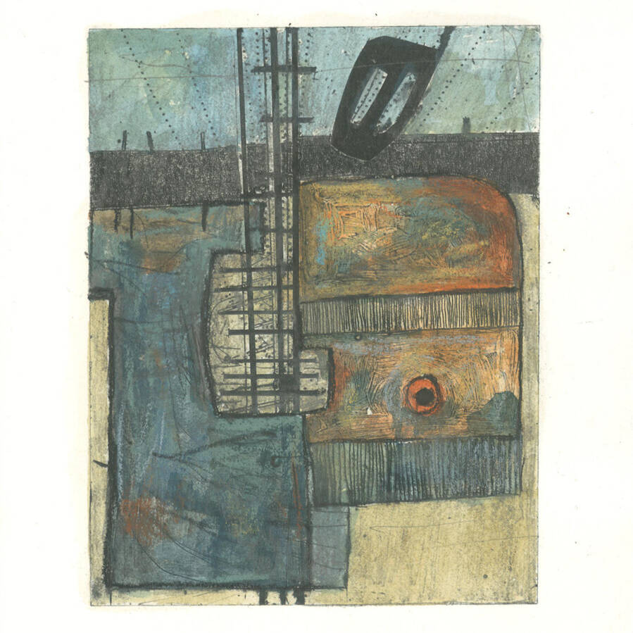 PAUL CROFT RCA 'HARBOURSIDE FISHERY' ANNALONG II, DRYPOINT, WATERCOLOUR, PENCIL AND OIL PASTEL ON HANEMÜHLE PAPER, 30X24CM £125