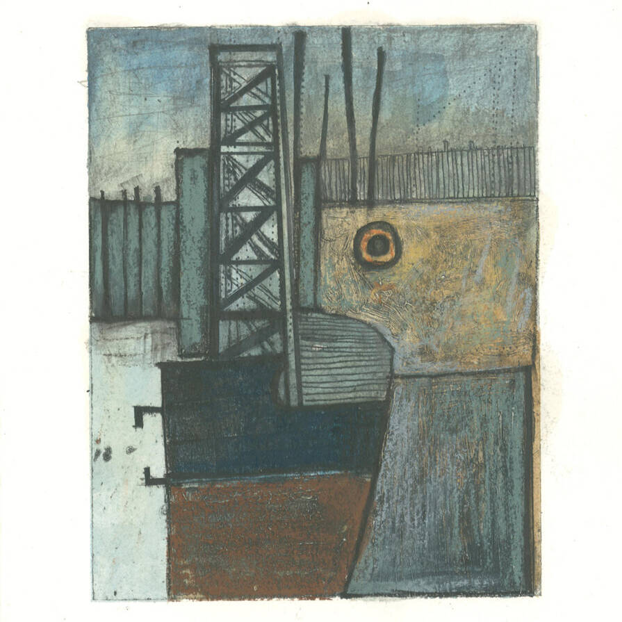 SOLDPAUL CROFT RCA 'HARBOURSIDE FISHERY' ANNALONG III, DRYPOINT, WATERCOLOUR, PENCIL AND OIL PASTEL ON HANEMÜHLE PAPER, 30X24CM £125 SOLD