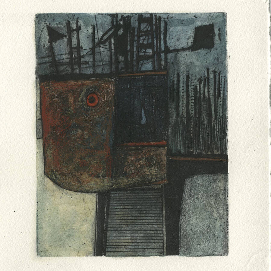 PAUL CROFT RCA 'HARBOURSIDE FISHERY: KILKEEL I' DRYPOINT, WATERCOLOUR, PENCIL AND OIL PASTEL ON HANEMÜHLE PAPER, 30X24CM £125