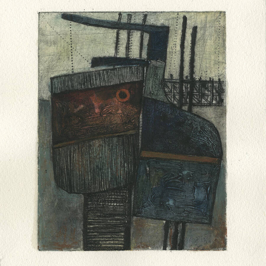 PAUL CROFT RCA 'HARBOURSIDE FISHERY: KILKEEL II' DRYPOINT, WATERCOLOUR, PENCIL AND OIL PASTEL ON HANEMÜHLE PAPER, 30X24CM £125