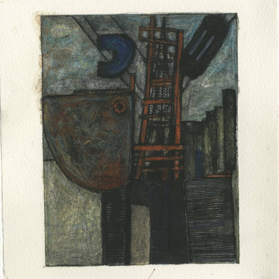 PAUL CROFT RCA 'HARBOURSIDE FISHERY' KILKEEL IV, DRYPOINT, WATERCOLOUR, PENCIL AND OIL PASTEL ON HANEMÜHLE PAPER, 30X24CM £125