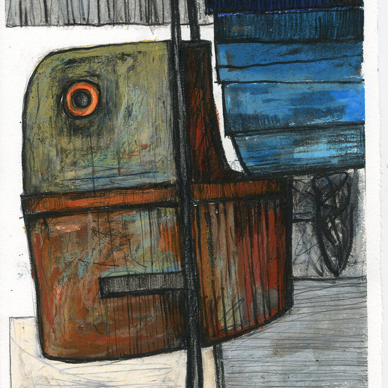 SOLD PAUL CROFT RCA 'QUAYSIDE CONSTRUCT' BLUEBELL SEA, INK AND OIL PASTEL ON PAPER, 58X50CM, £175 SOLD